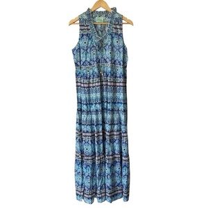 True Destinations Sleeveless Blue Patterned Vacation Maxi Sun Dress, Medium
